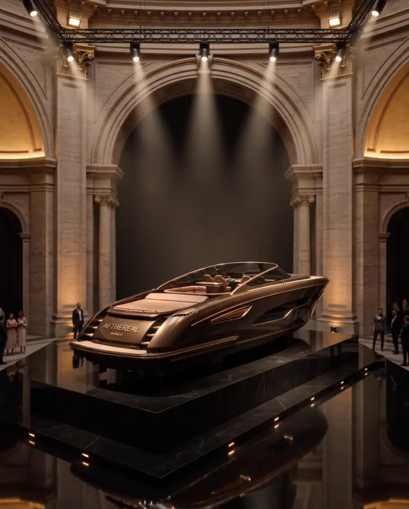 Bronze open day cruiser on a black marble plinth beneath a palatial arch