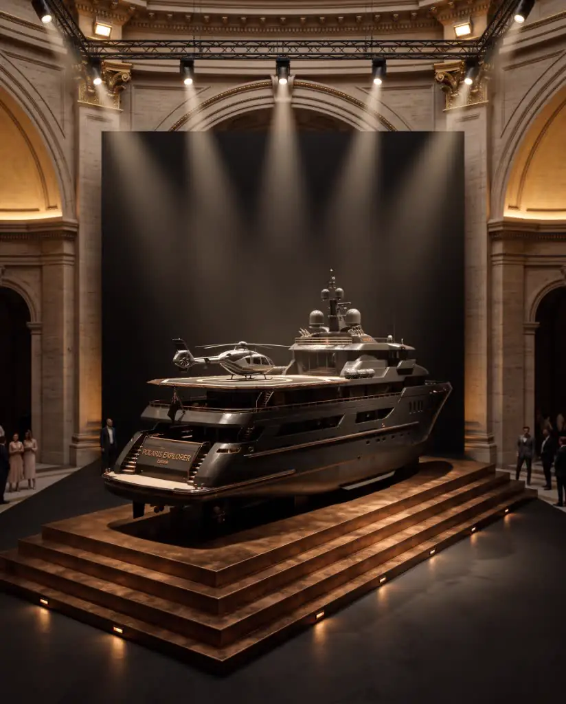 Ice-class explorer yacht with helipad on a bronze museum plinth