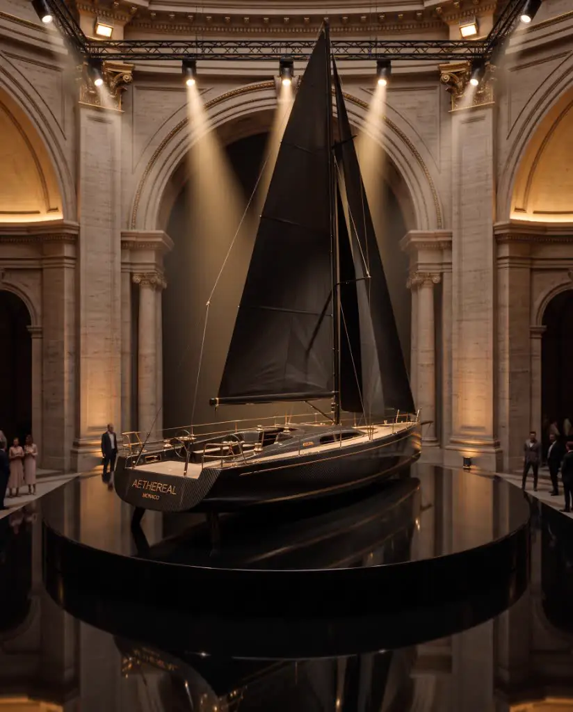 Black carbon sailing yacht with gold fittings on a circular black plinth