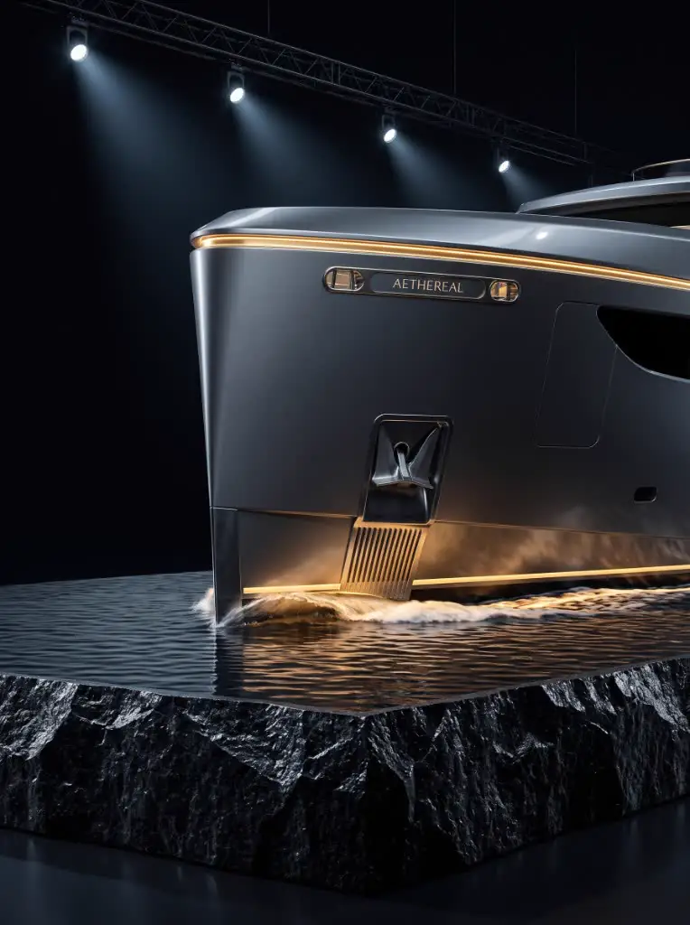 Aethereal yacht bow with gold lighting on a black stone water plinth