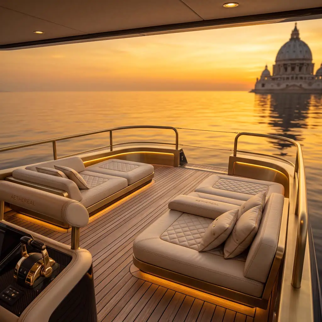 Quilted gold deck lounges facing a sunset over Venetian waters